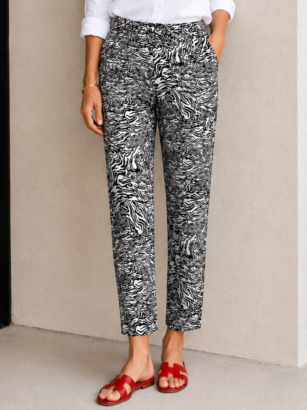 Attyre Black & White Animal Zebra Print Straight Ankle Pants